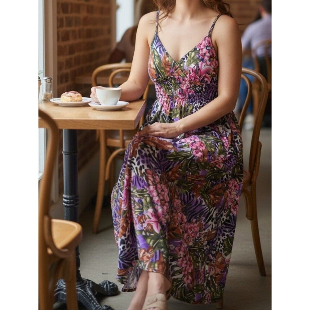 Cotton Candy Tropical Floral Maxi Summer Dress Spaghetti Strap Medium